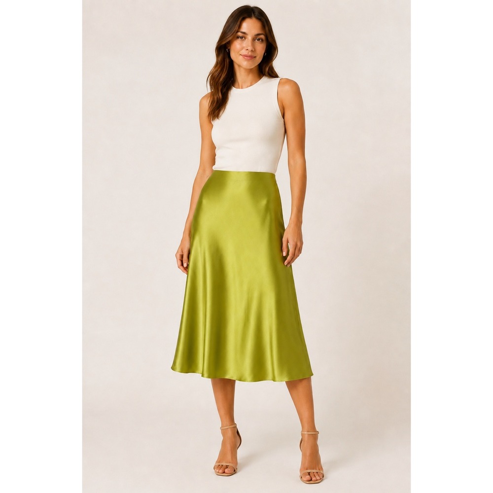 Bacio Satin Midi Skirt Women Small Green Lime A Line High Waist Minimalist